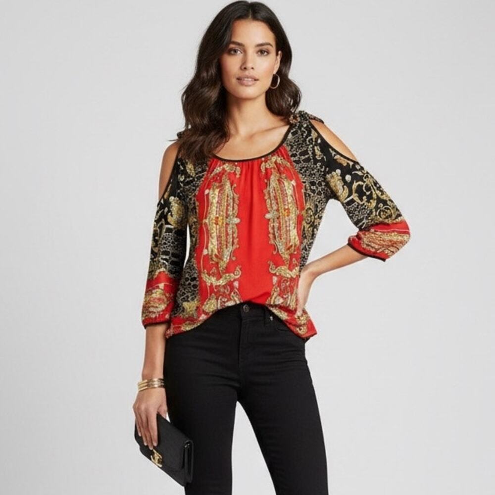 Eva Varro Cold Shoulder 3/4 Sleeves Paisley Top Red Small